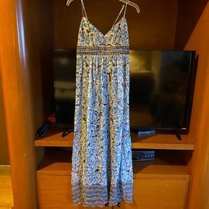Blue Brown strap lond dress with flower pattern bohemian 100% silk